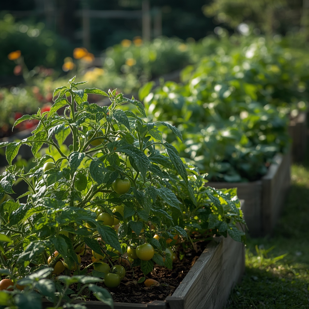 Beautiful lush vegetable garden with raised beds full of tomatoes peppers and herbs in morning sunlight, dew on leaves, no people